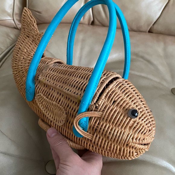 Cappelli Straworld Handbags - Vintage Wicker Fish Handbag Purse Cappelli Aqua